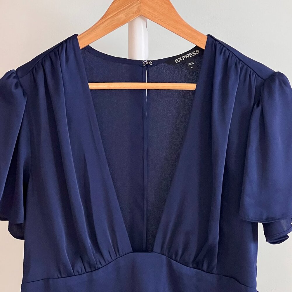 Express Midi Deep V Neck Navy Silk Blend Dress